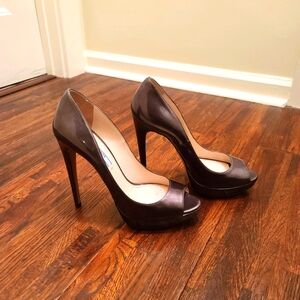 Prada Patent Gunmetal Silver Peeptoe Heels Size 40